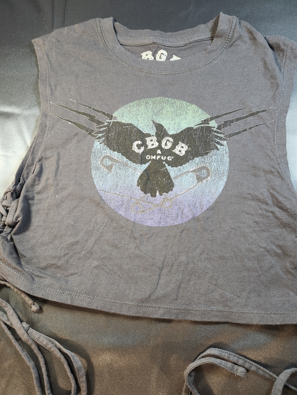 CBGB Goodie Two Sleeves Gray Graphic Print Crop Tank Top Drawstring Sides Size S